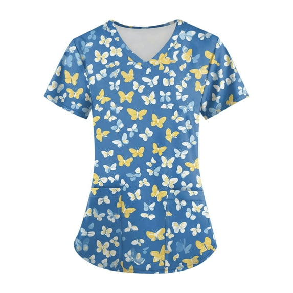 LHVUOA Scrub Tops for Women Short Sleeve V Neck Tops with Cute Printed Cozyfit Scrubs for Women