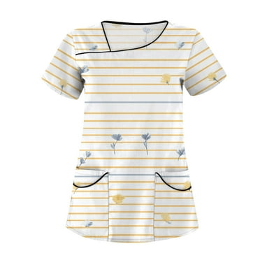 LHVUOA Scrub Tops for Women Stretch Kids Friendly Soft Comfy Short Sleeve Slant Collar Shirts Soft Nurse Uniform Overalls with Pockets