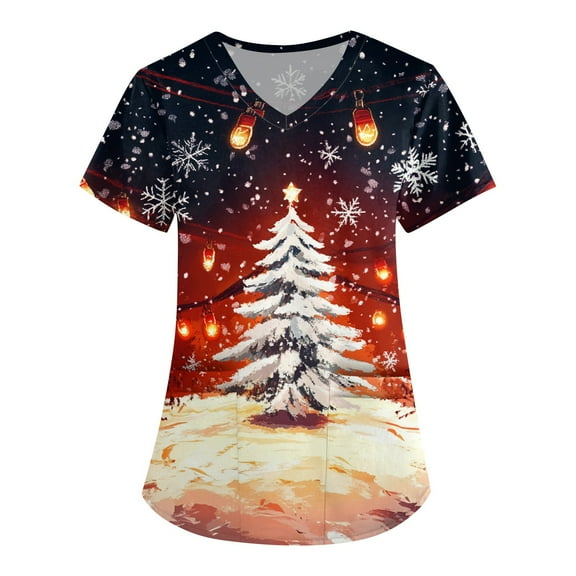 LHVUOA Scrubs Plus Size Tops for Women Short Sleeves Nurse Working V Neck Uniform Casual Shirts with Pockets