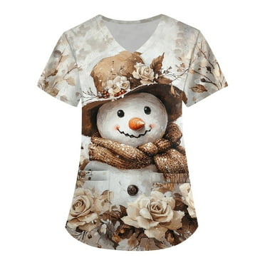 LHVUOA Scrubs Plus Size Tops for Women Stretchy Scrub V Neck Tee Holiday Christmas Prints Casual Shirts with Pockets