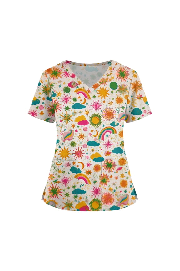 Scrubs Tops for Women Cute Kitty and Clouds Print Short Sleeve Nurse Working Uniforms Cartoon Pattern Tops with Pockets