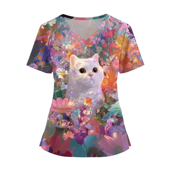 LHVUOA Scrubs Tops for Women Cute Kitty and Clouds Print Short Sleeve Nurse Working Uniforms Cartoon Pattern Tops with Pockets