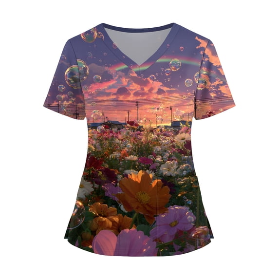 LHVUOA Scrubs Tops for Women Cute Kitty and Clouds Print Short Sleeve Nurse Working Uniforms Cartoon Pattern Tops with Pockets