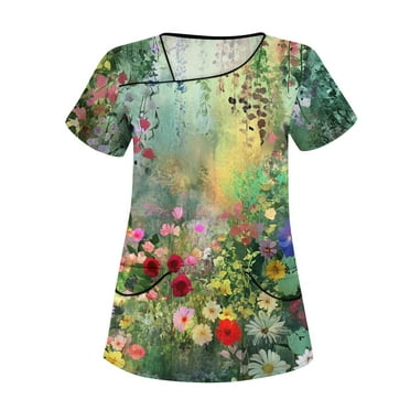 LHVUOA Scrubs for Women Casual Floral Printed Short Sleeved Diagonal Collar Shirts Plus Size Scrub Tops with Pockets