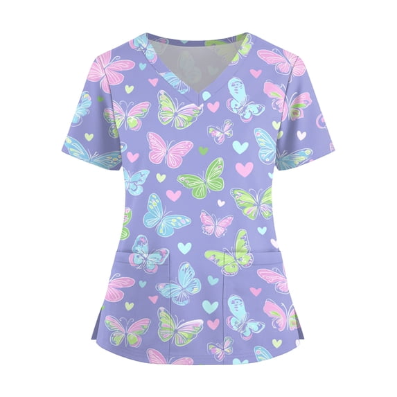 LHVUOA Scrubs for Women Cute Animals and Heart Print Scrub Tops Plus Size Stretch Nursing Tops Soft Working Uniforms with Pockets