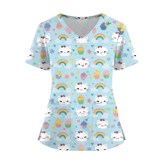 LHVUOA Scrubs for Women Cute Animals and Heart Print Scrub Tops Plus Size Stretch Nursing Tops Soft Working Uniforms with Pockets