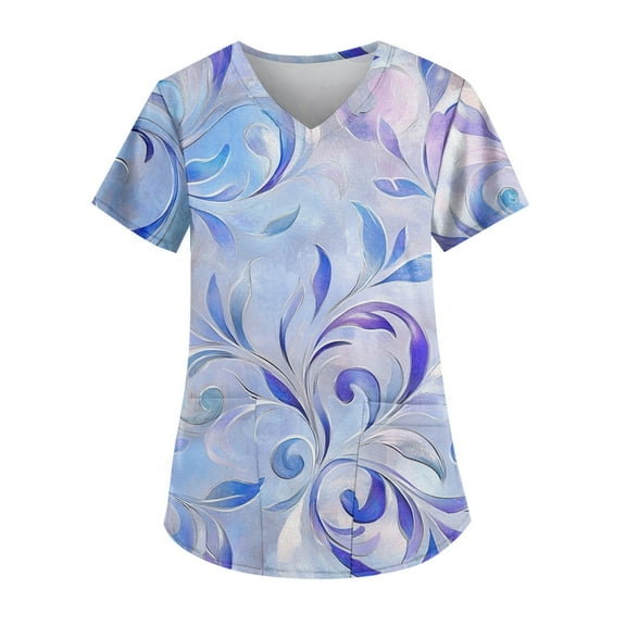 LHVUOA Scrubs for Women Floral Print V-Neck Scrub Tops Soft Stretchy Working Uniform Nurse Uniform with Pockets