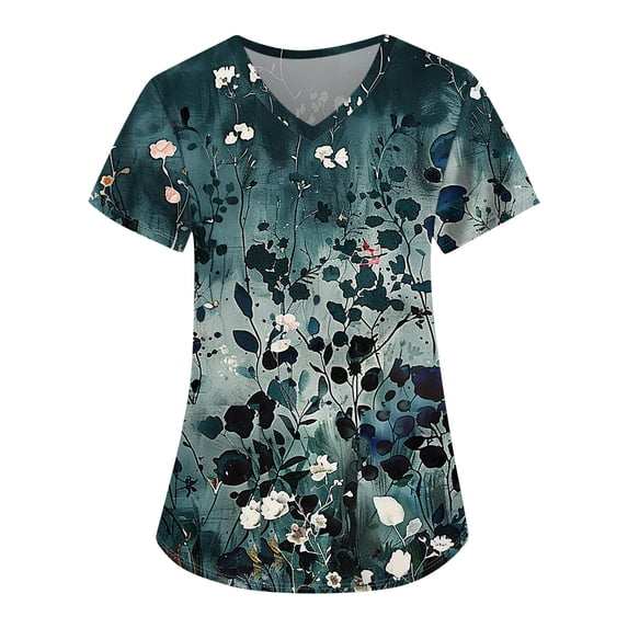 LHVUOA Scrubs for Women Floral Printed V Neck Short Sleeve T Shirts Nursing Tops with Pockets