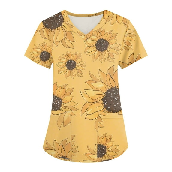 LHVUOA Scrubs for Women Floral Printed V Neck Short Sleeve T Shirts Nursing Tops with Pockets