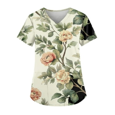 LHVUOA Scrubs for Women Floral Printed V Neck Short Sleeve T Shirts Plus Size Scrub Tops with Pockets