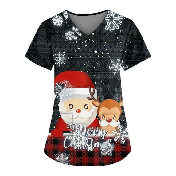 LHVUOA Scrubs for Women Set Christmas Print Plus Size Tops for Women V Neck Snowman Xmas Tree Pattern Short Sleeve Nursing Tops with Pockets