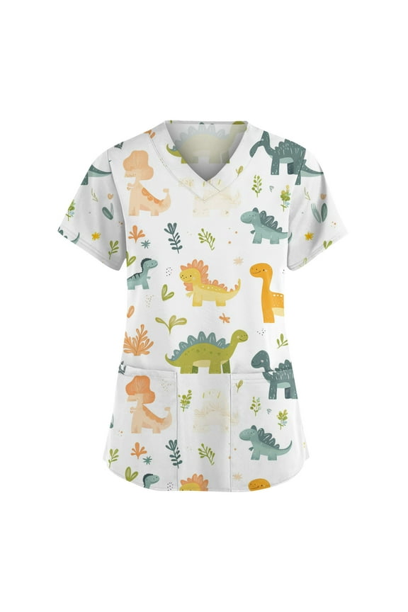 Scurbs Top for Women Funny Printed V Neck Workwears Plus Size Scrubs for Women Stretch
