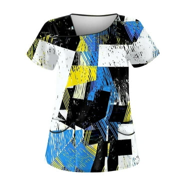 LHVUOA Uniform Womens Printed Scrub Tops Stretch Large Size Durable Lightweight Breathable Overalls Casual Scrub Tops Nurse Uniforms with Pockets