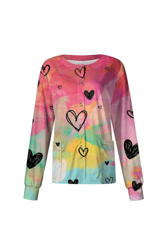 Valentine Day Trendy Jackets for Women Funny Love Heart Printed Working Jacket Scrub Tops Working Uniforms with Pockets