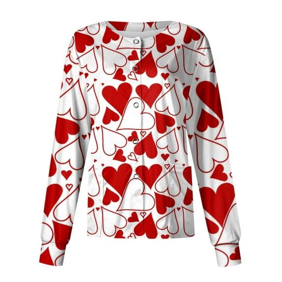 LHVUOA Valentine Day Trendy Jackets for Women Long Sleeve Snap Front Valentine Love Printed Nursing Uniform Shirts with Pockets
