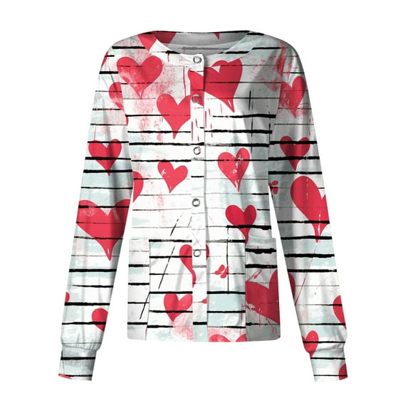 LHVUOA Valentine Day Trendy Jackets for Women Long Sleeve Snap Front Valentine Love Printed Nursing Uniform Shirts with Pockets