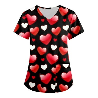 LHVUOA Valentine's Day Printed Scrubs Tops for Women Short Sleeve Plus Size Scrubs Nursing Uniforms for Women Love Print Soft Stretchy Holiday T Shirts