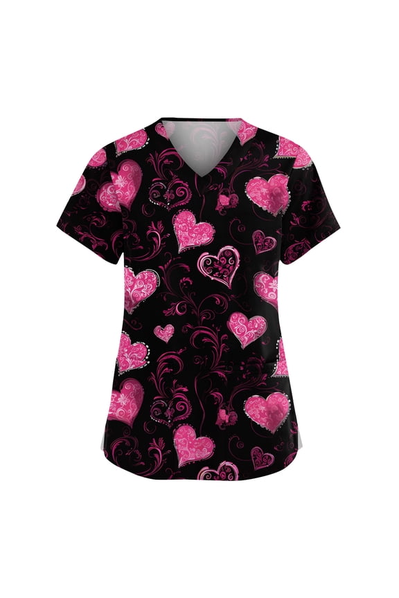 Valentine's Day Printed Scrubs Tops for Women Cute Heart Print Short Sleeve Nurse Working Uniforms Cartoon Pattern Tops with Pockets