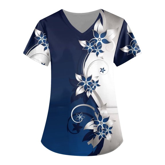 LHVUOA Valentine's Day Printed Scrubs Tops for Women Cute Heart Print Short Sleeve Nurse Working Uniforms Cartoon Pattern Tops with Pockets