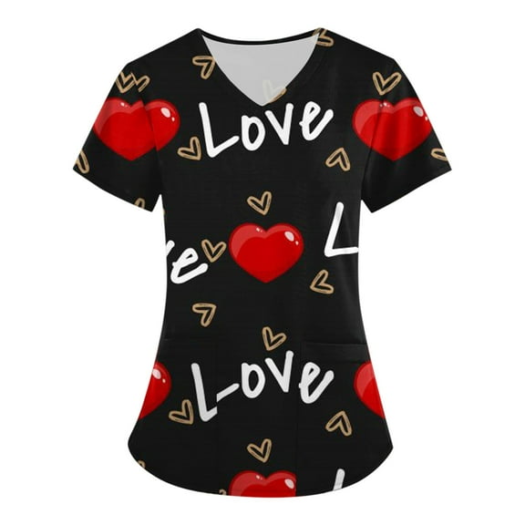 LHVUOA Valentine's Day Printed Scrubs Tops for Women Cute Heart Print Short Sleeve Nurse Working Uniforms Cartoon Pattern Tops with Pockets