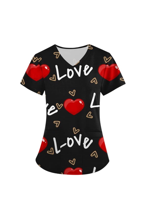 Valentine's Day Printed Scrubs Tops for Women Cute Heart Print Short Sleeve Nurse Working Uniforms Cartoon Pattern Tops with Pockets
