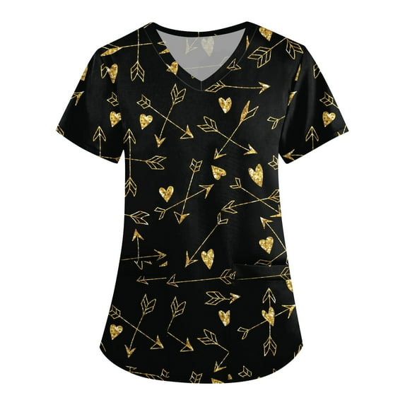 LHVUOA Valentine's Day Scrub Tops Women Short Sleeve V Neck Print Shirts Nursing Working Uniform Love Print Soft Stretchy Holiday T Shirts