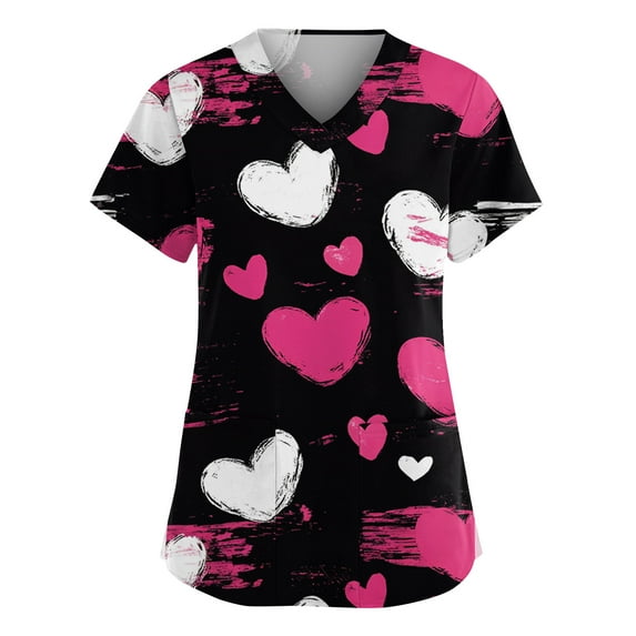 LHVUOA Valentine's Day Scrub Tops for Women Cute Heart Print Short Sleeve Nurse Working Uniforms Love Print Soft Stretchy Holiday T Shirts
