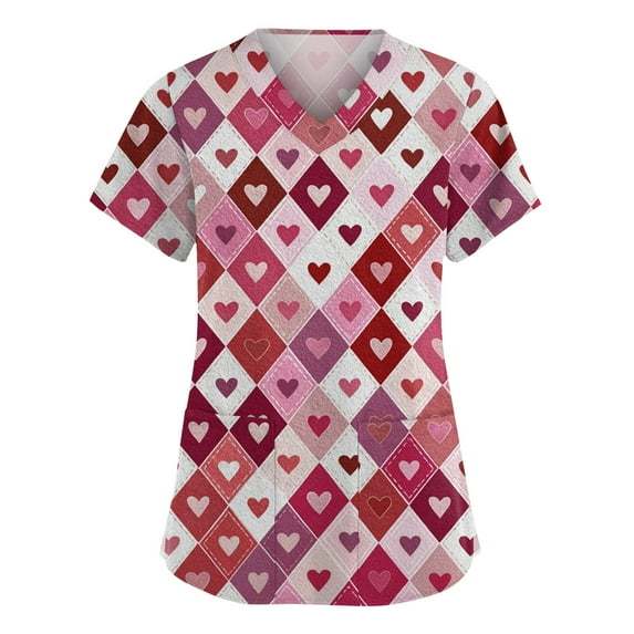 LHVUOA Valentine's Day Scrub Tops for Women Cute Heart Print Short Sleeve Nurse Working Uniforms Love Print Soft Stretchy Holiday T Shirts