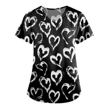 LHVUOA Valentine's Day Scrub Tops for Women Heart Print Tops for Women Short Sleeve Nursing Uniforms Cartoon Pattern Tops with Pockets
