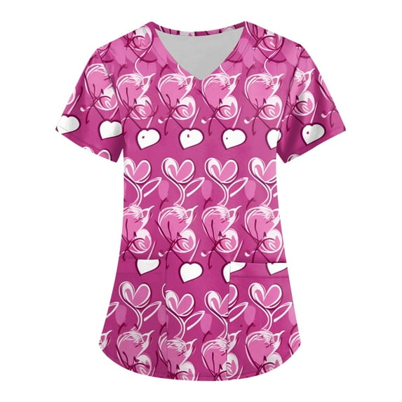 LHVUOA Valentine's Day Scrub Tops for Women Plus Size Short Sleeve Working Uniform Cartoon Pattern Tops with Pockets