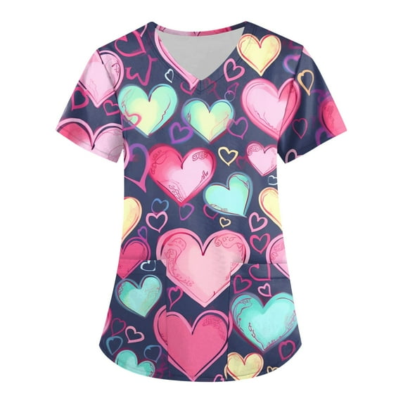 LHVUOA Valentine's Day Scrub Tops for Women Plus Size Short Sleeve Working Uniform Stretch Nursing Medical Scrubs T Shirts with Pockets