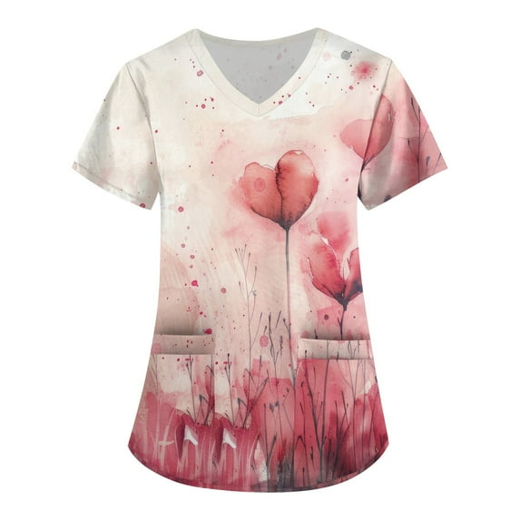 LHVUOA Valentine's Day Scrubs for Women Heart Print Tops for Women Short Sleeve Nursing Uniforms Cartoon Pattern Tops with Pockets