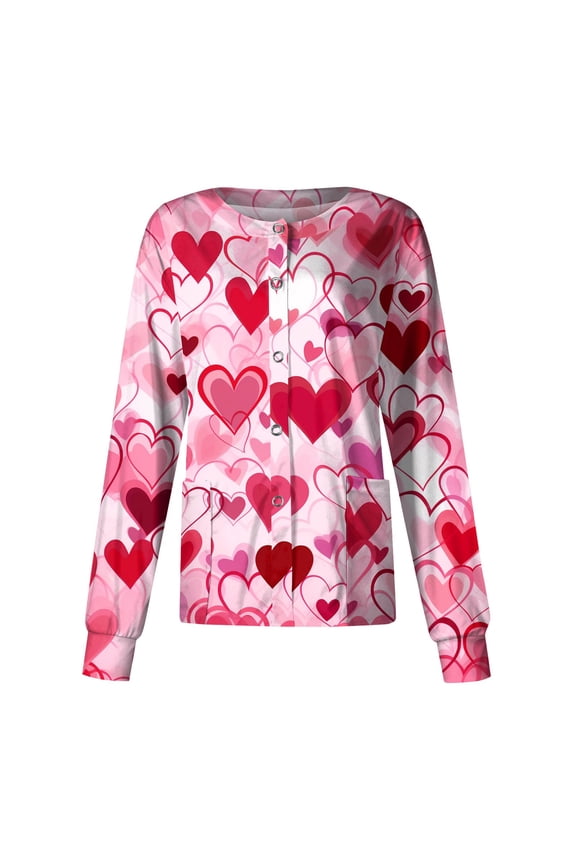 Valentines Day Scrub Shirts for Women Funny Love Heart Printed Working Jacket Scrubs Tops Working Nurse Uniforms with Pockets
