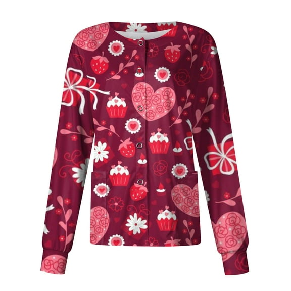 LHVUOA Valentines Day Scrub Shirts for Women Scrubs Top Jacket Snap Front Cute Long Sleeve Nurse Uniforms Workwear Tops with Pockets