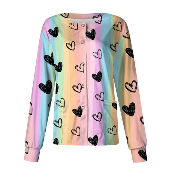 LHVUOA Valentines Day Scrub Shirts for Women Scrubs Top Jacket Snap Front Cute Long Sleeve Nurse Uniforms Workwear Tops with Pockets