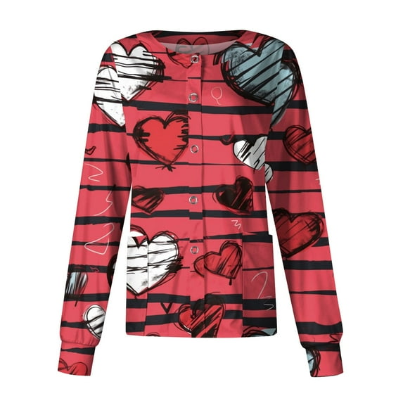 LHVUOA Valentines Day Womens Warm Up Scrubs Jacket Funny Love Heart Printed Working Jacket Scrub Tops Working Uniforms with Pockets 2024