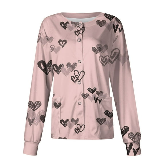LHVUOA Valentines Day Womens Warm Up Scrubs Jacket Scrubs Top Jacket Snap Front Cute Long Sleeve Scrubs Tops Working Nurse Uniforms with Pockets