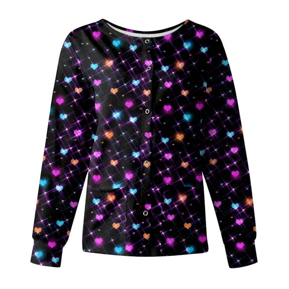 LHVUOA Valentines Day Womens Warm Up Scrubs Jacket Spring Scrub Jackets Pattern Long Sleeve Scrubs Tops Working Nurse Uniforms with Pockets