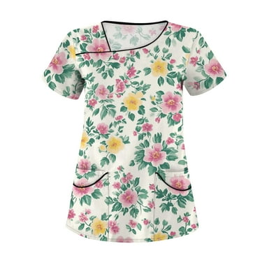 LHVUOA Women Scrub Tops Floral Printed Diagonal Collar Short Sleeve T Shirts Nursing Tops with Pockets