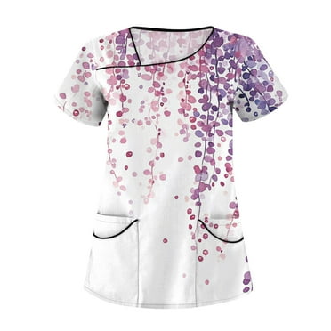 LHVUOA Women Scrub Tops Floral Printed Diagonal Collar Short Sleeve T Shirts Plus Size Scrub Tops with Pockets