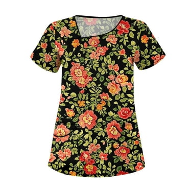 LHVUOA Women Scrub Tops Floral Printed Diagonal Collar Short Sleeve T Shirts Plus Size Scrub Tops with Pockets