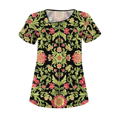 LHVUOA Women Scrub Tops Floral Printed Diagonal Collar Short Sleeve T Shirts Plus Size Scrub Tops with Pockets