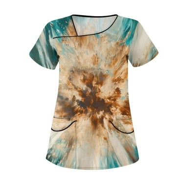 LHVUOA Women Scrub Tops Floral Printed Diagonal Collar Short Sleeve T Shirts Plus Size Scrub Tops with Pockets