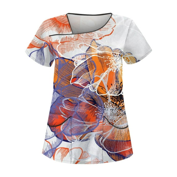 LHVUOA Women Scrub Tops Floral Printed Diagonal Collar Short Sleeve T Shirts Soft Nurse Uniform Overalls with Pockets