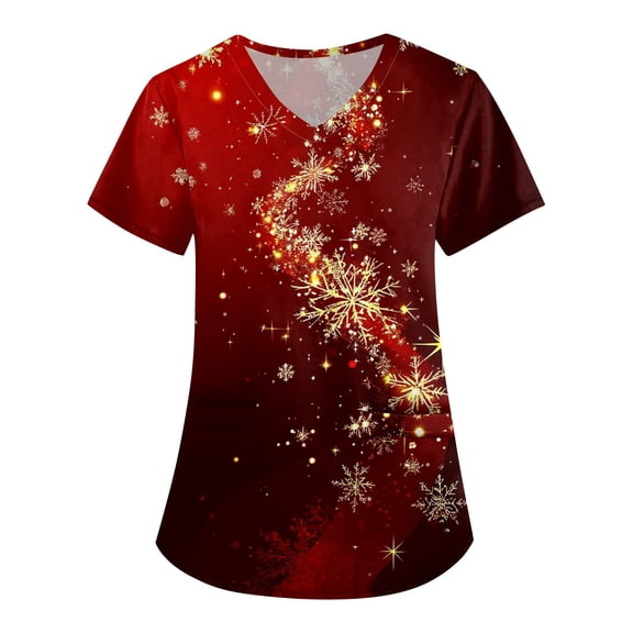 LHVUOA Women's Christmas Scrubs Top Print Short Sleeve V Neck Working Uniform with pockets