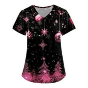 LHVUOA Women's Christmas Scrubs Top Print Short Sleeve V Neck Working Uniform with pockets