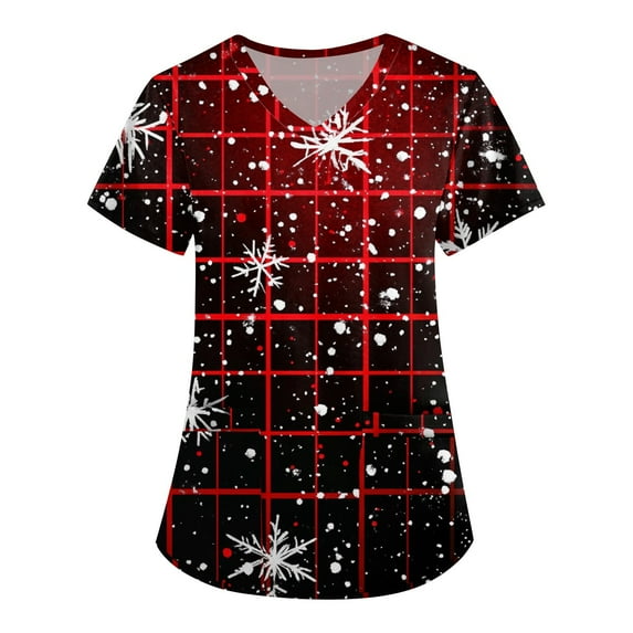 LHVUOA Women's Christmas Scrubs Top Print Short Sleeve V Neck Working Uniform with pockets