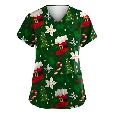 LHVUOA Women's Christmas Scrubs Top Short Sleeves Nurse Working V Neck Uniform Casual Shirts with Pockets