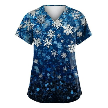 LHVUOA Women's Merry Christmas Scrubs Top Cute Chirstmas Print Short Sleeve V Neck Casual Shirts with Pockets