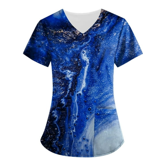 LHVUOA Women's Printed Scrubs Top Professionals Nurse Workwear Uniform Breathable Plus Size V-Neck Short Sleeve Work Blouse Loose Tunic Shirt with Pockets